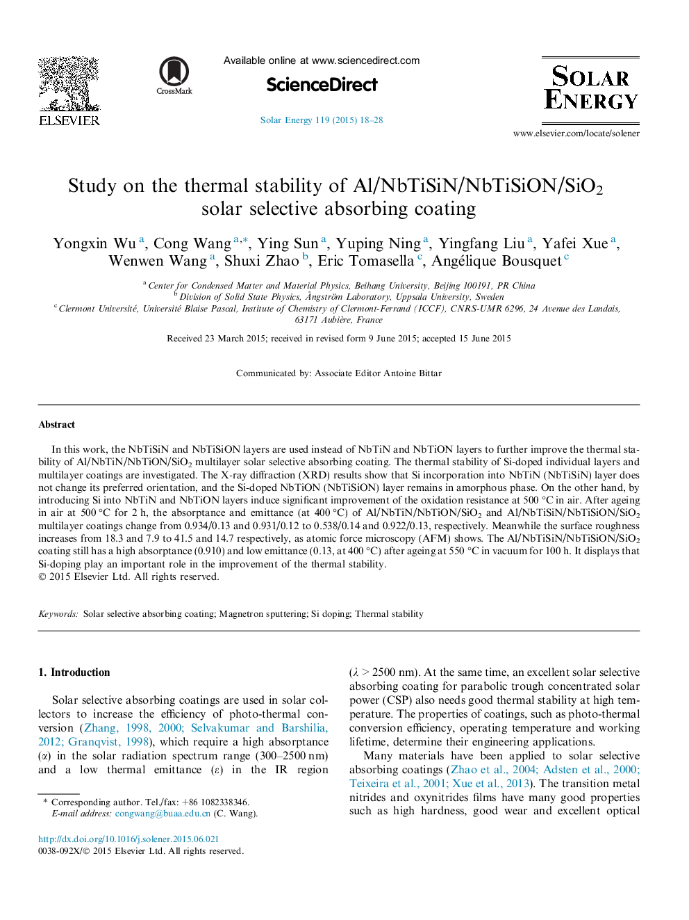 Study on the thermal stability of Al/NbTiSiN/NbTiSiON/SiO2 solar selective absorbing coating