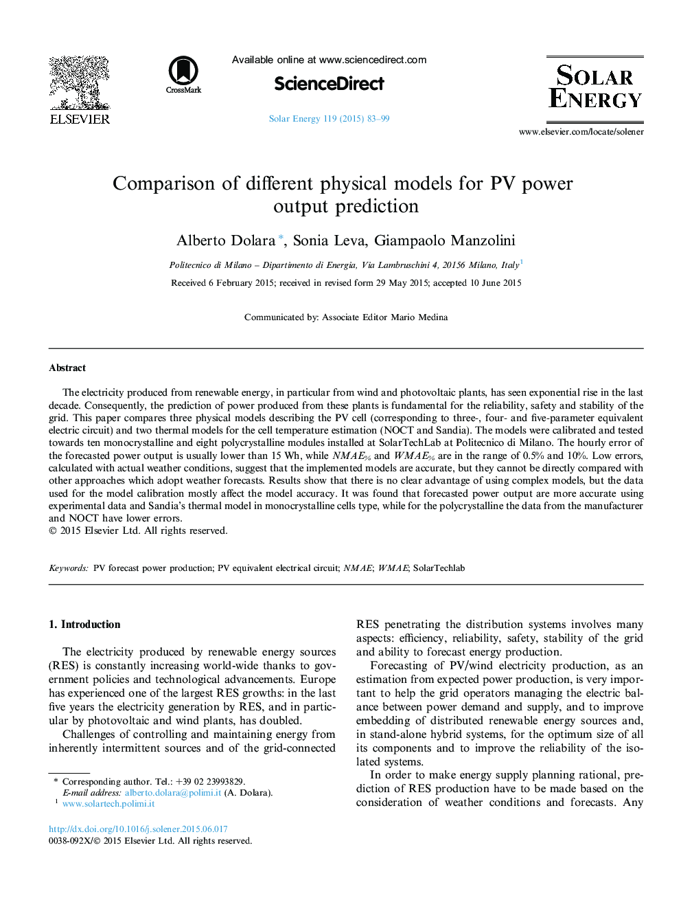 Comparison of different physical models for PV power output prediction