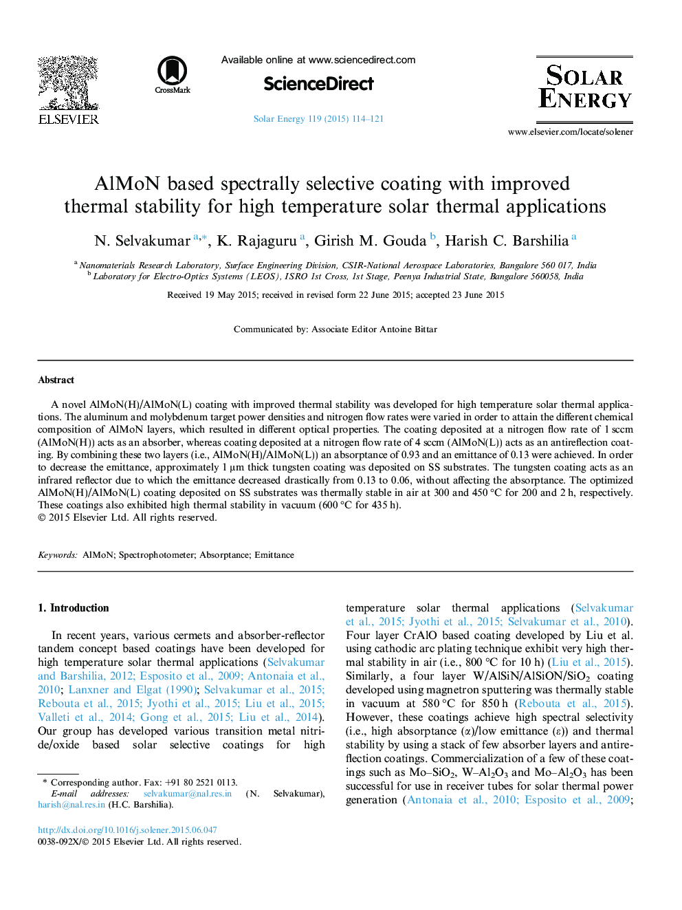 AlMoN based spectrally selective coating with improved thermal stability for high temperature solar thermal applications