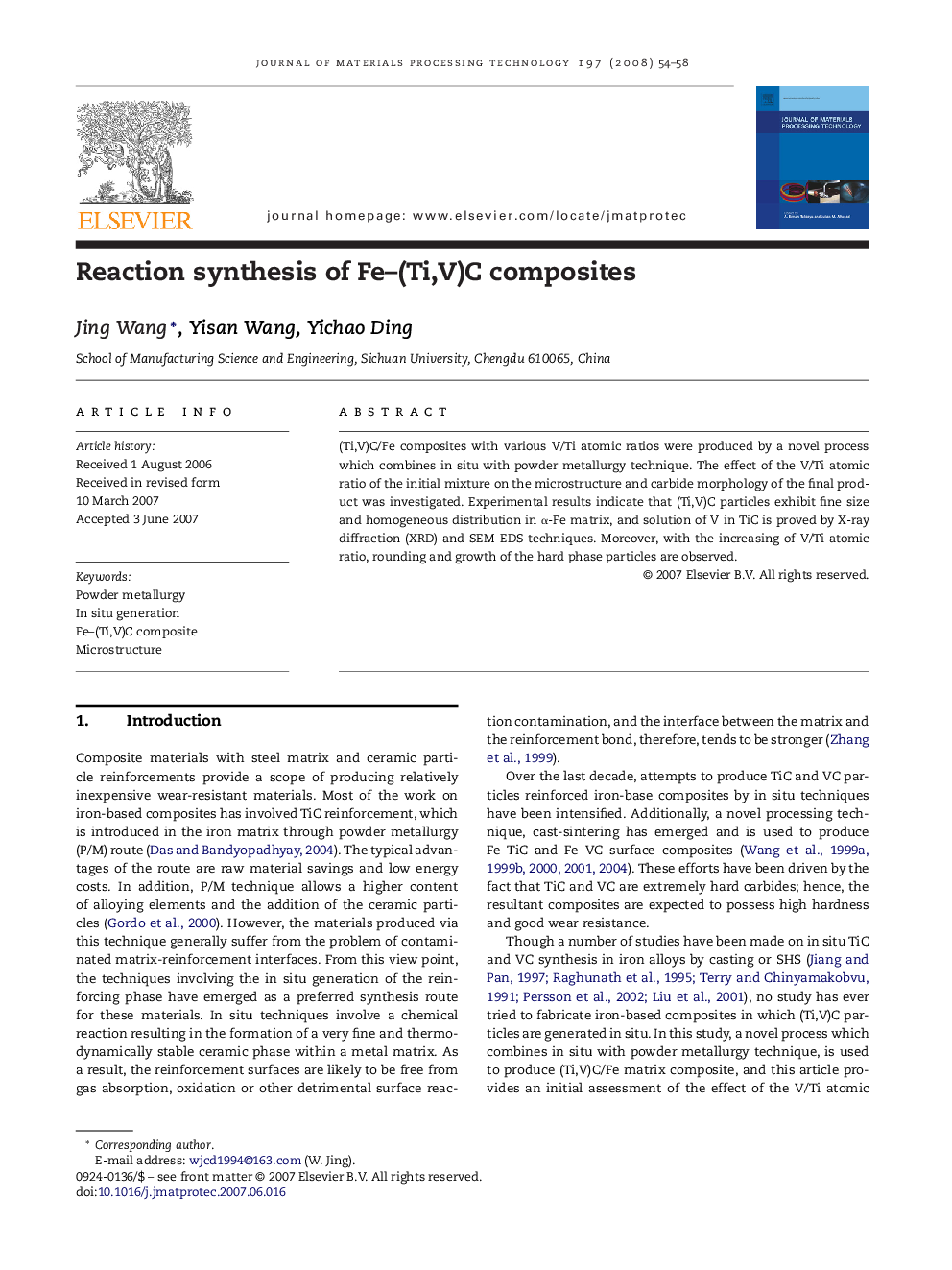 Reaction synthesis of Fe–(Ti,V)C composites