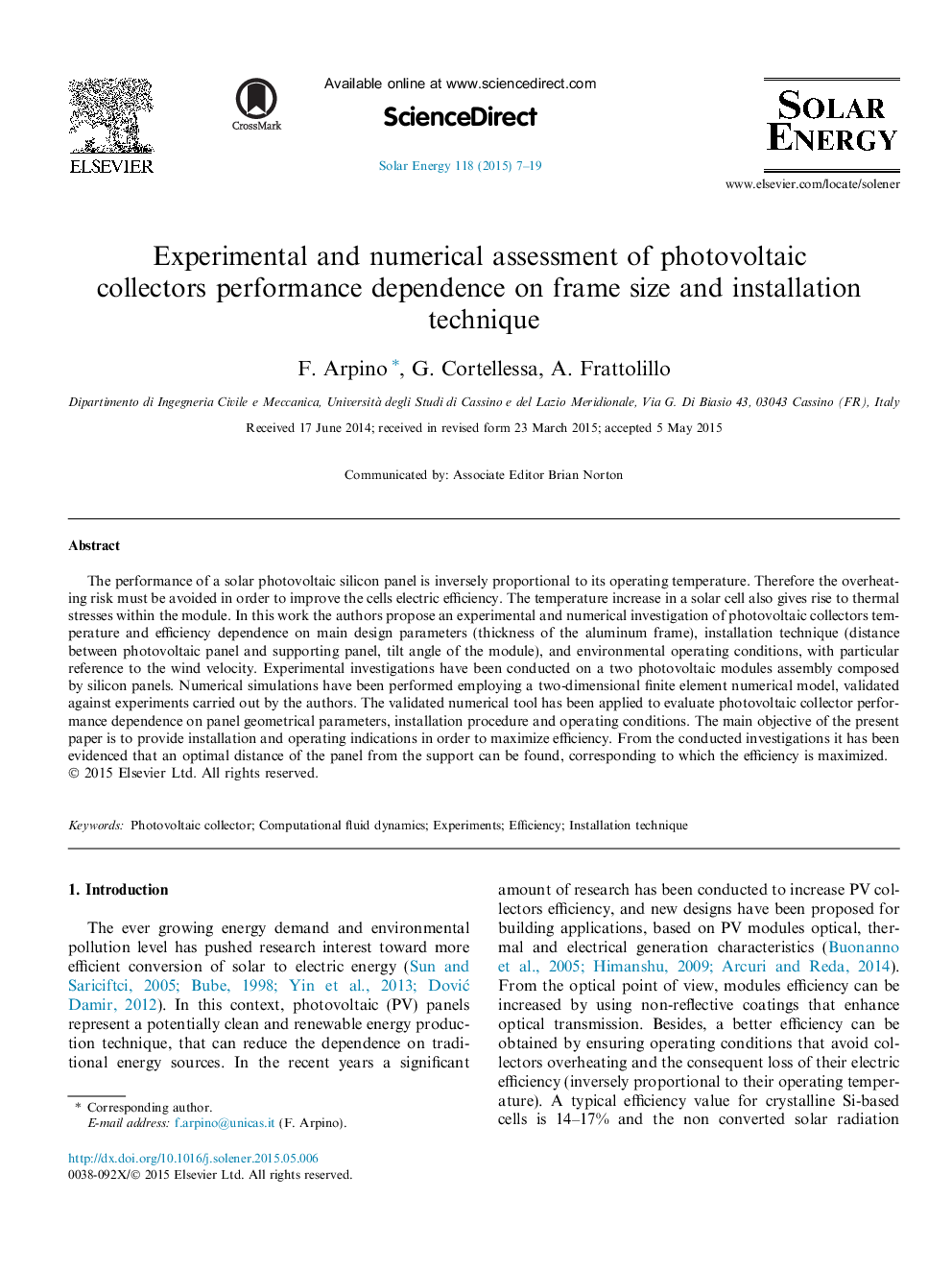 Experimental and numerical assessment of photovoltaic collectors performance dependence on frame size and installation technique