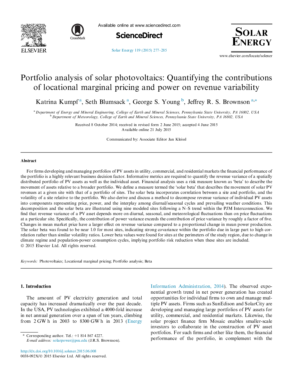 Portfolio analysis of solar photovoltaics: Quantifying the contributions of locational marginal pricing and power on revenue variability