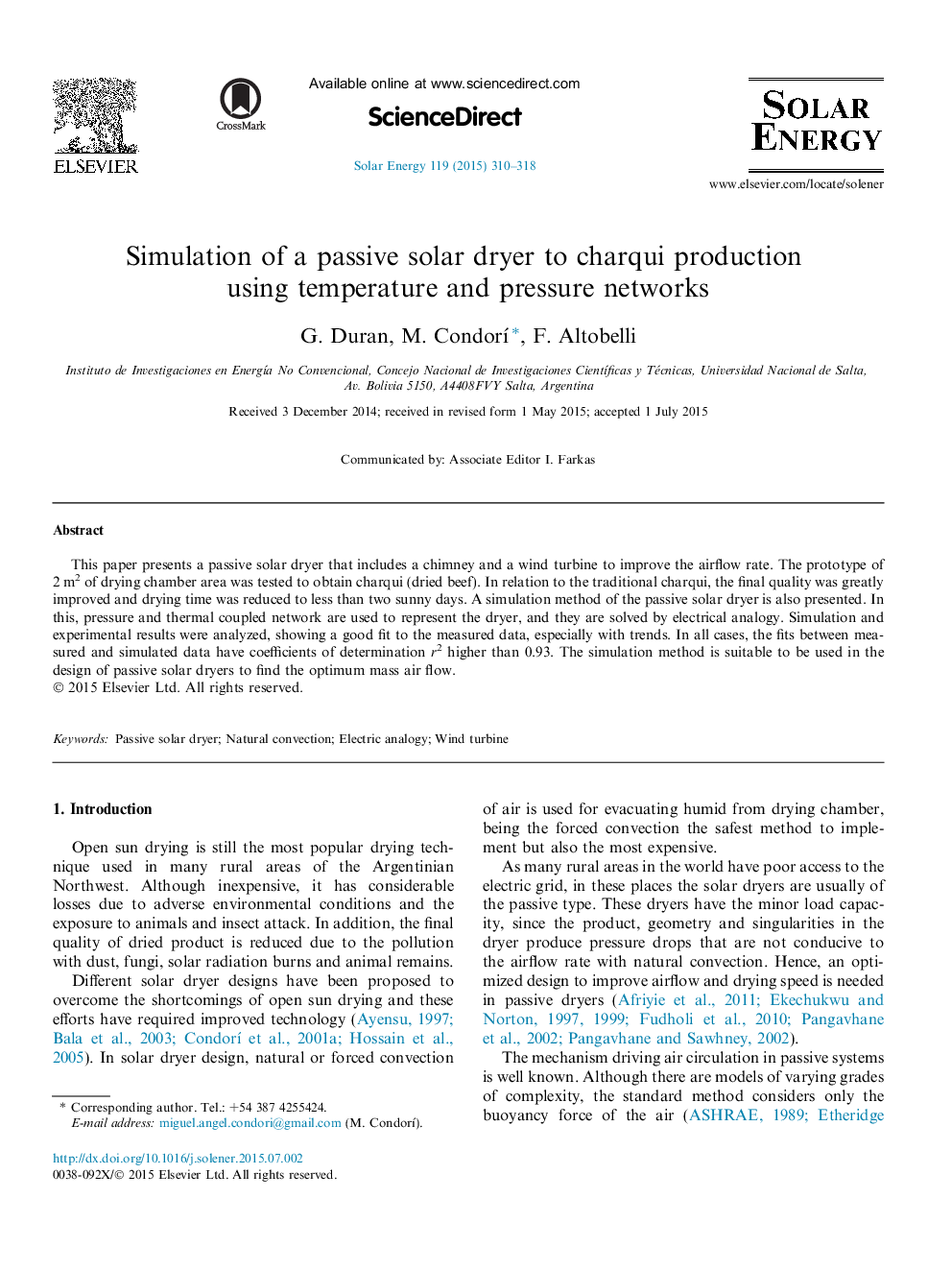Simulation of a passive solar dryer to charqui production using temperature and pressure networks