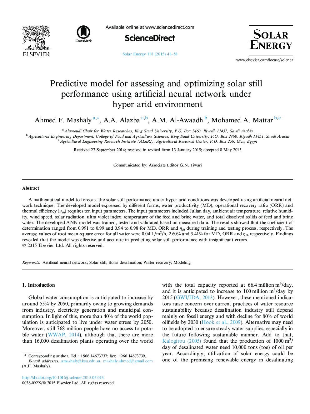 Predictive model for assessing and optimizing solar still performance using artificial neural network under hyper arid environment