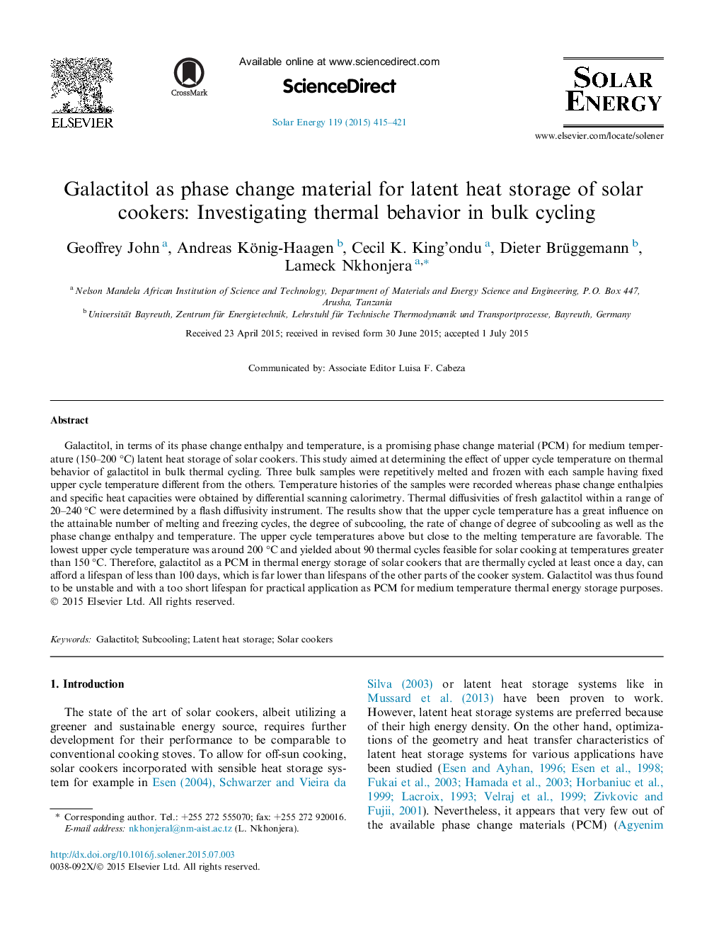 گالسیتیتول به عنوان ماده تغییر فاز برای ذخیره سازی پنهان گرمایی اجاق های خورشیدی: بررسی رفتار حرارتی در دوچرخه سواری 