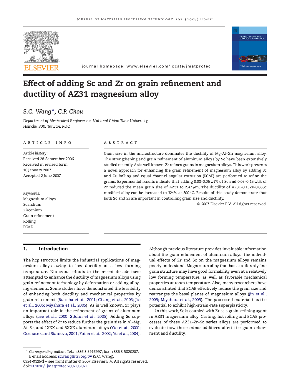 Effect of adding Sc and Zr on grain refinement and ductility of AZ31 magnesium alloy