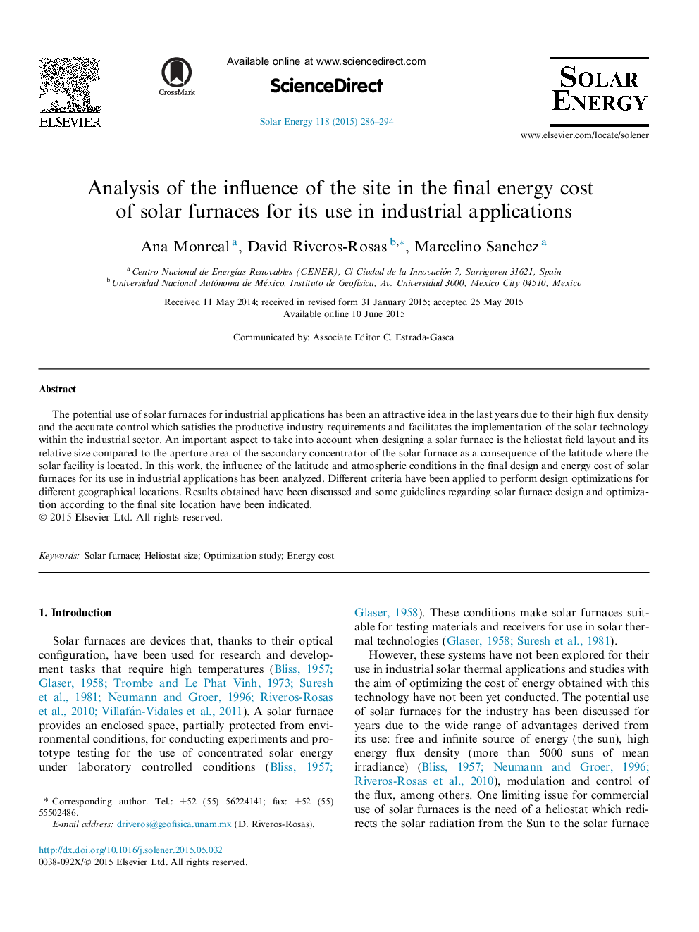 Analysis of the influence of the site in the final energy cost of solar furnaces for its use in industrial applications
