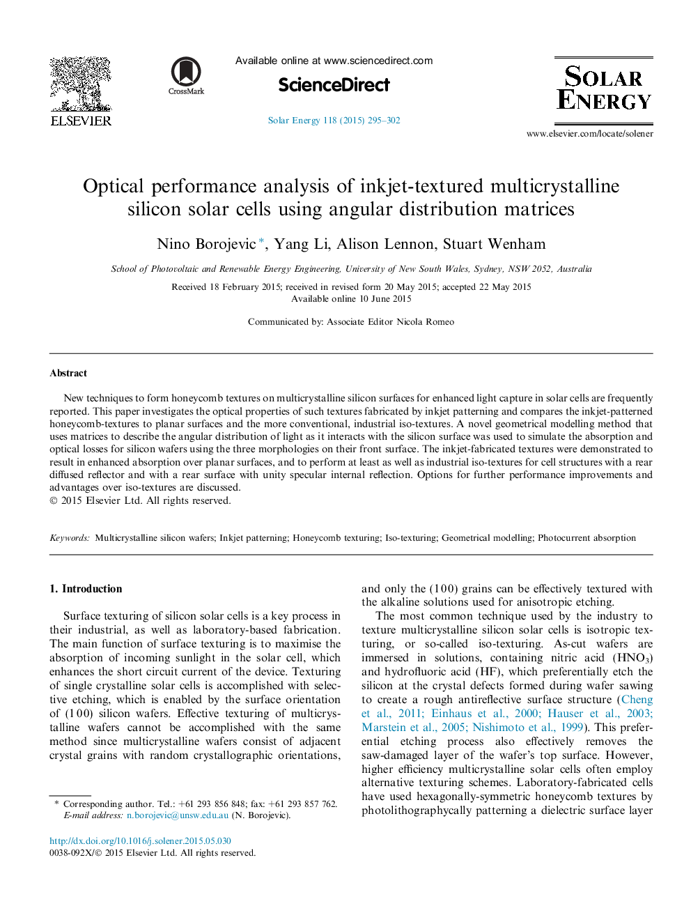 Optical performance analysis of inkjet-textured multicrystalline silicon solar cells using angular distribution matrices