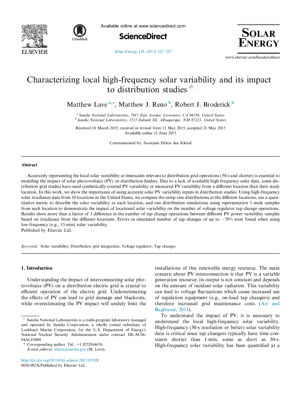 Characterizing local high-frequency solar variability and its impact to distribution studies