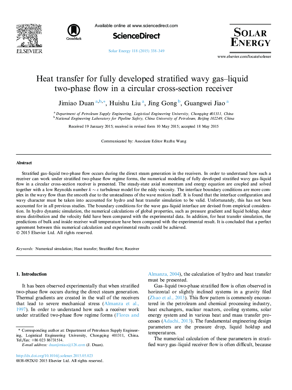 Heat transfer for fully developed stratified wavy gas-liquid two-phase flow in a circular cross-section receiver