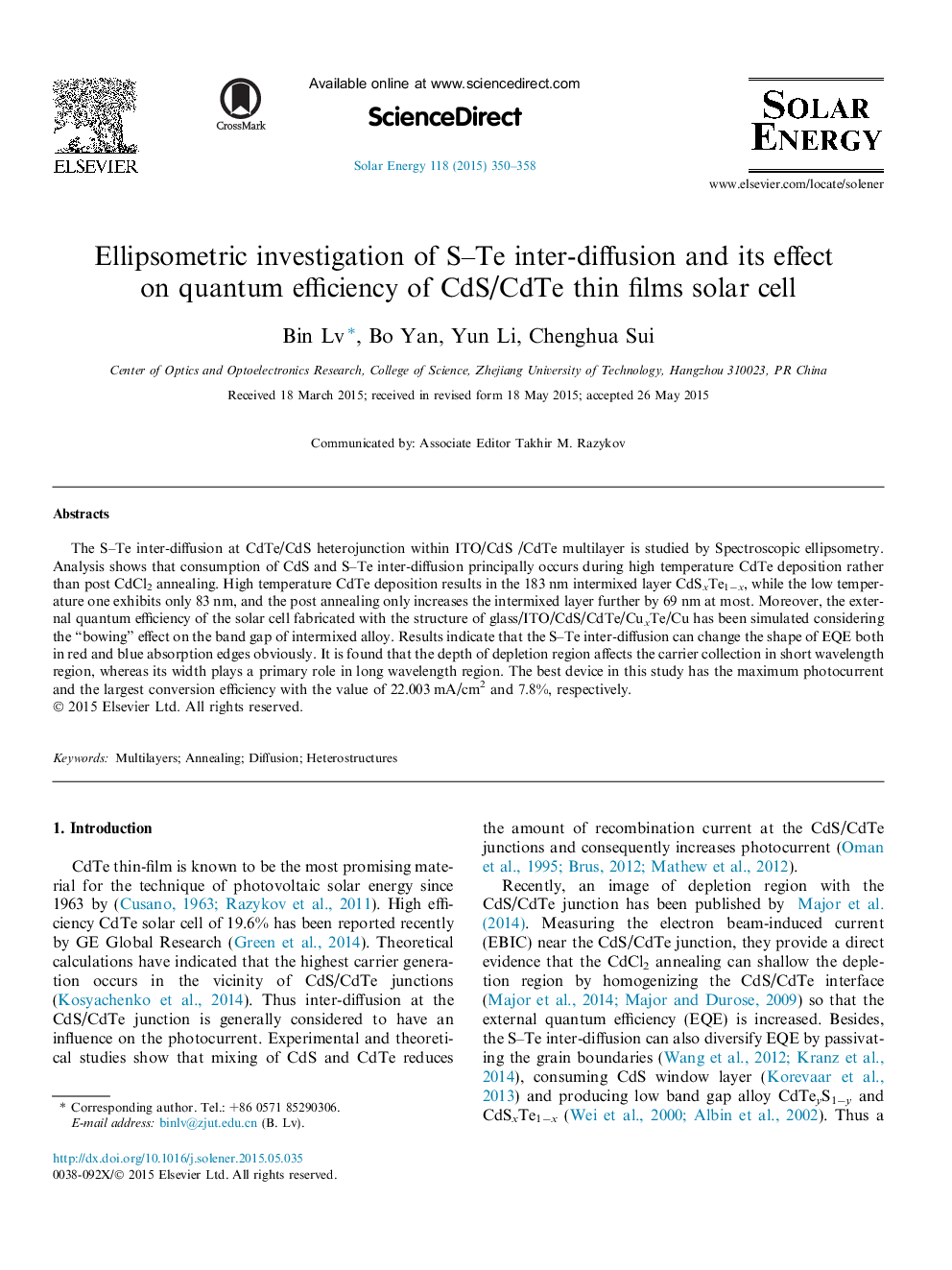 Ellipsometric investigation of S-Te inter-diffusion and its effect on quantum efficiency of CdS/CdTe thin films solar cell