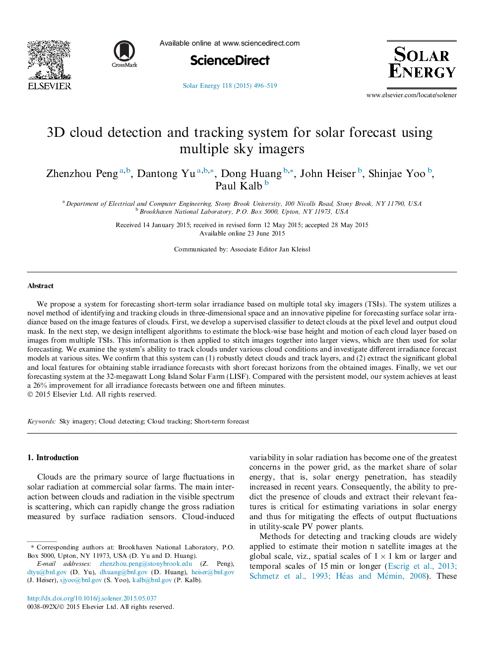 3D cloud detection and tracking system for solar forecast using multiple sky imagers