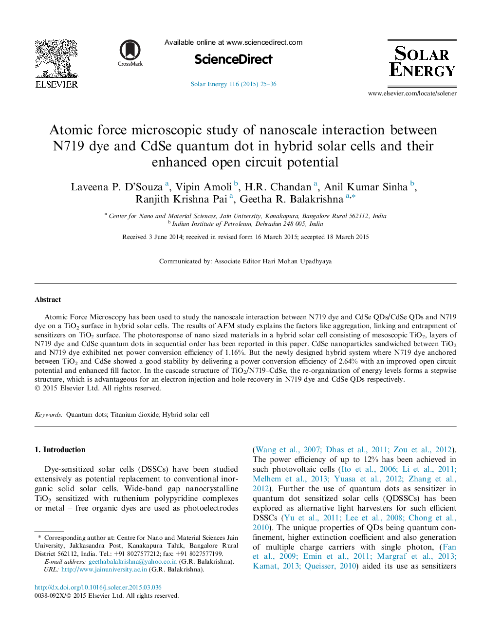 Atomic force microscopic study of nanoscale interaction between N719 dye and CdSe quantum dot in hybrid solar cells and their enhanced open circuit potential