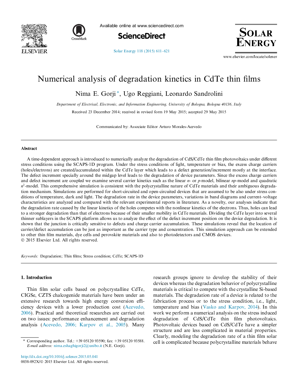 Numerical analysis of degradation kinetics in CdTe thin films