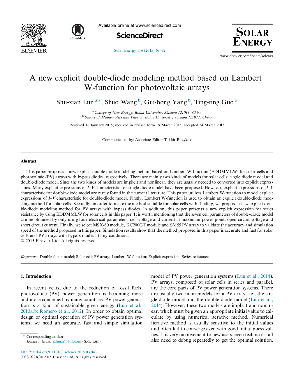 A new explicit double-diode modeling method based on Lambert W-function for photovoltaic arrays