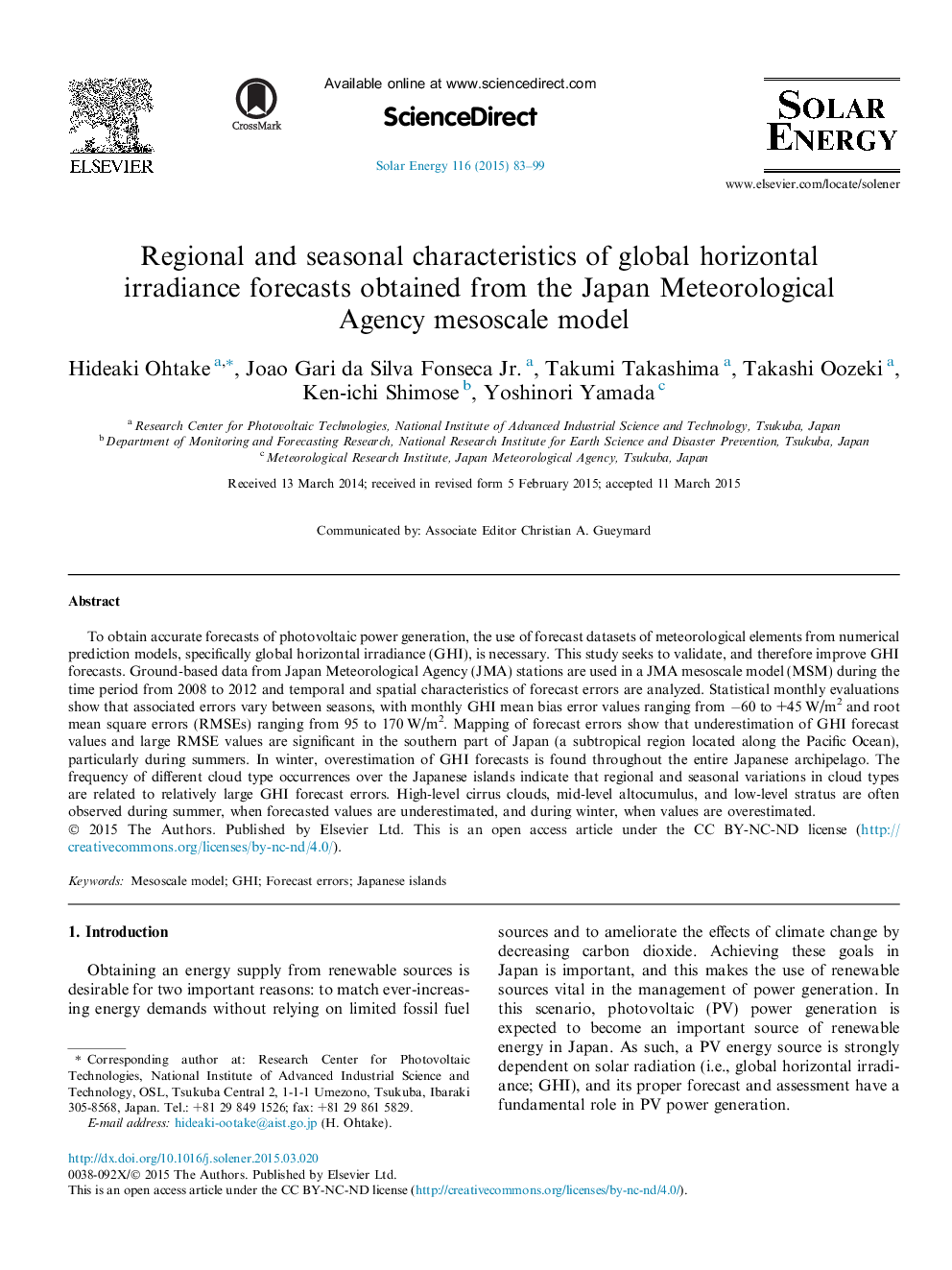 Regional and seasonal characteristics of global horizontal irradiance forecasts obtained from the Japan Meteorological Agency mesoscale model