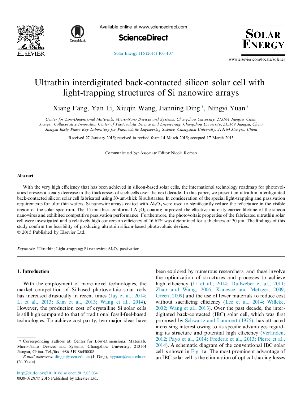 Ultrathin interdigitated back-contacted silicon solar cell with light-trapping structures of Si nanowire arrays