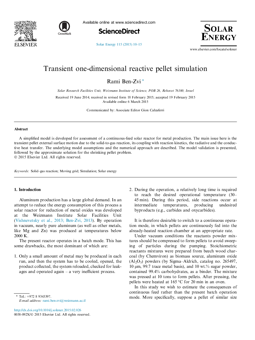 Transient one-dimensional reactive pellet simulation