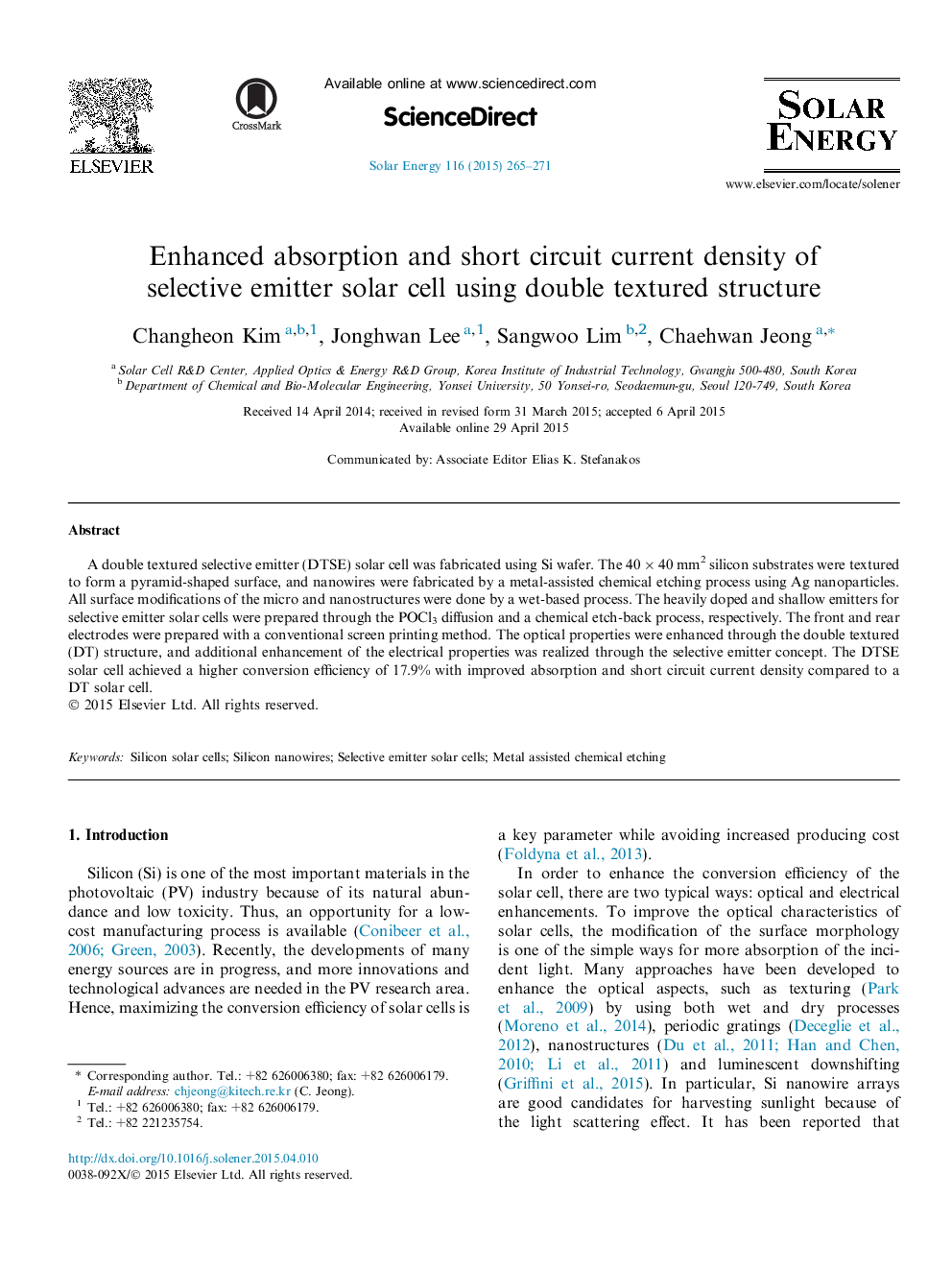 Enhanced absorption and short circuit current density of selective emitter solar cell using double textured structure