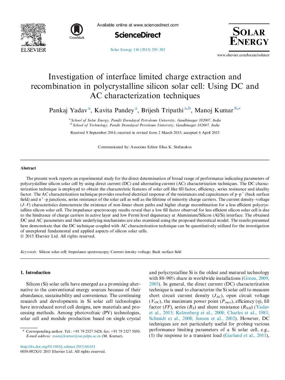 Investigation of interface limited charge extraction and recombination in polycrystalline silicon solar cell: Using DC and AC characterization techniques