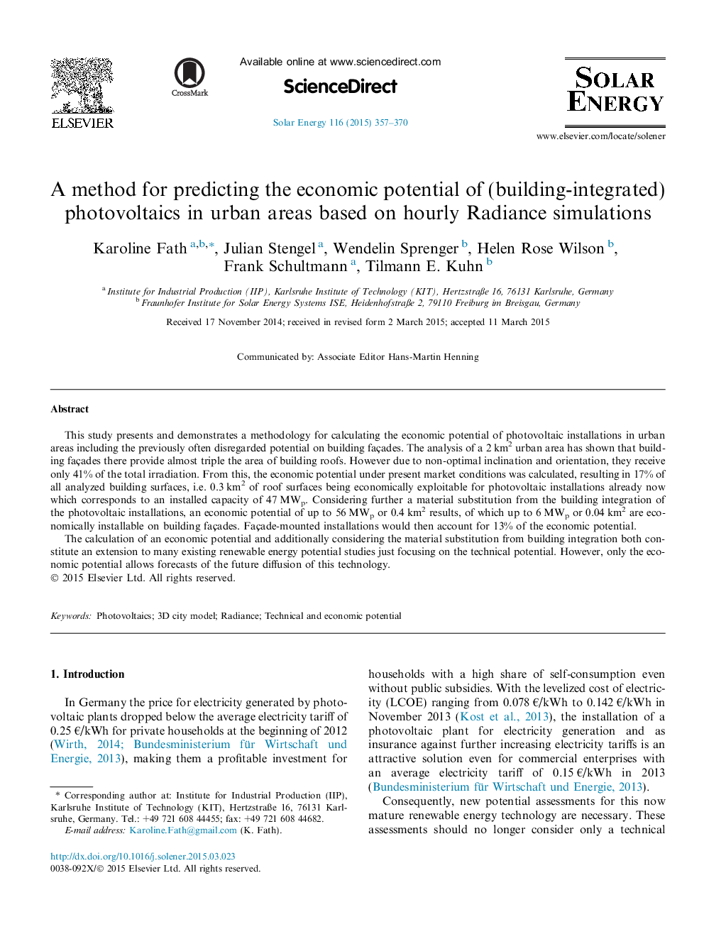 یک روش برای پیش بینی پتانسیل اقتصادی فتوولتائیک ساختمان (یکپارچه) در مناطق شهری براساس شبیه سازی شاداب ساعتی 