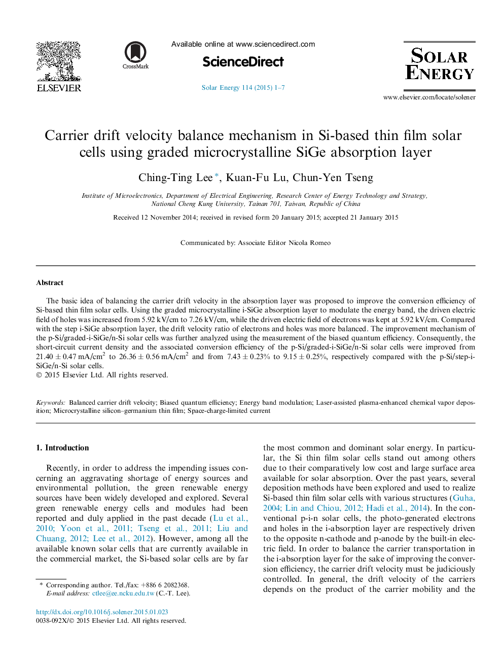 Carrier drift velocity balance mechanism in Si-based thin film solar cells using graded microcrystalline SiGe absorption layer