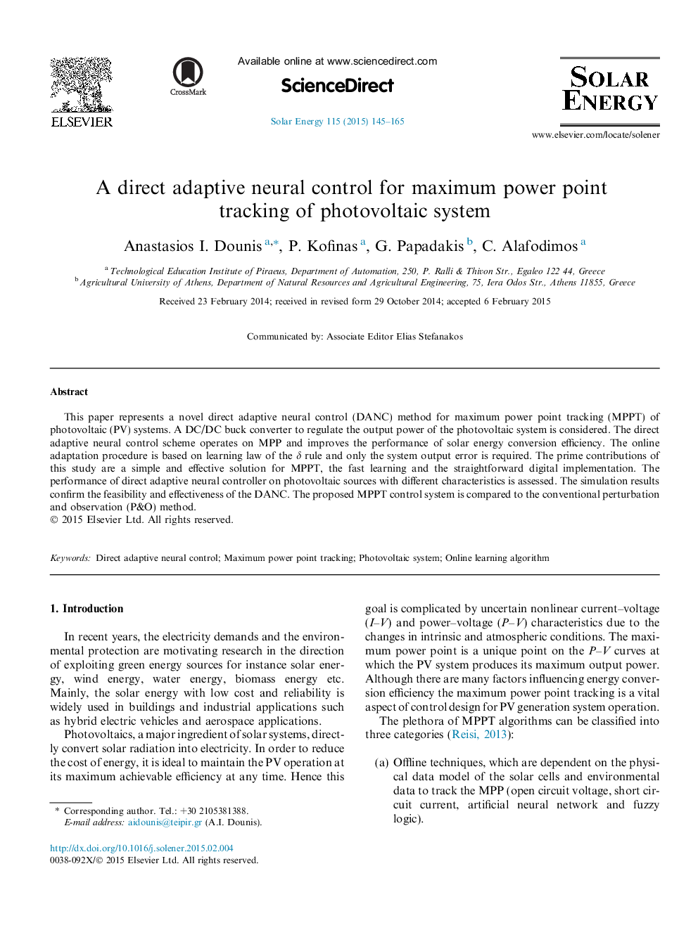 A direct adaptive neural control for maximum power point tracking of photovoltaic system