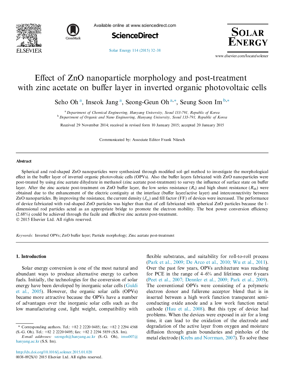 Effect of ZnO nanoparticle morphology and post-treatment with zinc acetate on buffer layer in inverted organic photovoltaic cells