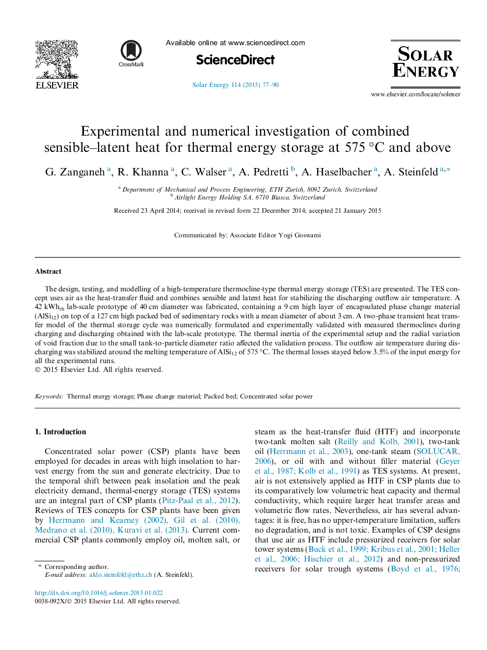 Experimental and numerical investigation of combined sensible-latent heat for thermal energy storage at 575Â Â°C and above