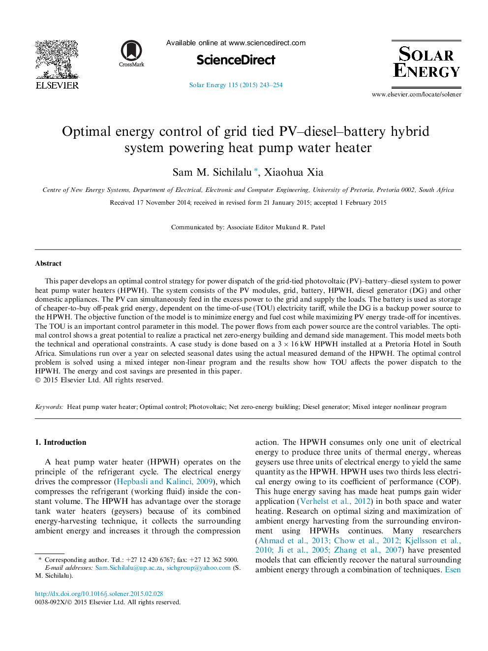 Optimal energy control of grid tied PV-diesel-battery hybrid system powering heat pump water heater