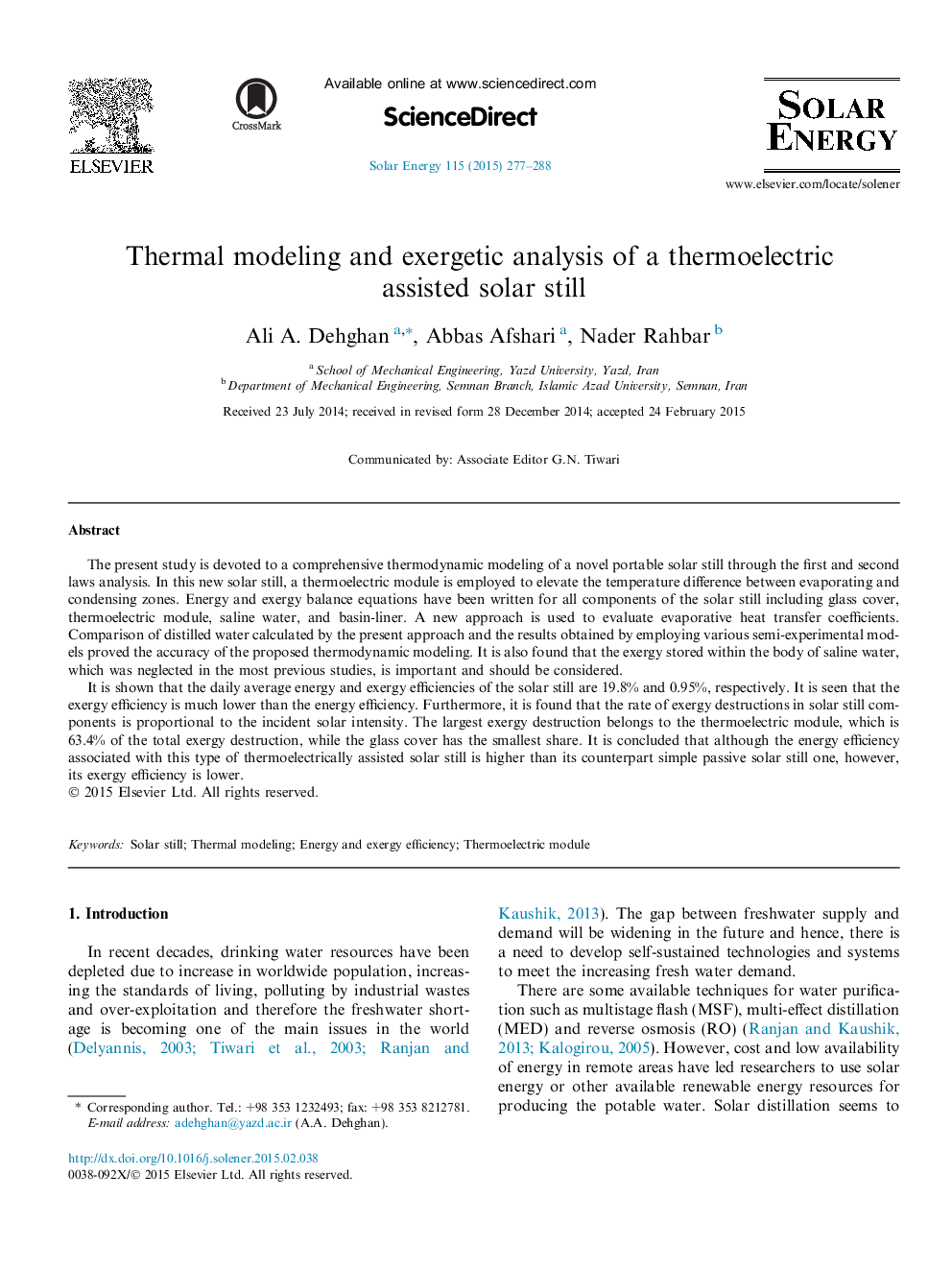 Thermal modeling and exergetic analysis of a thermoelectric assisted solar still