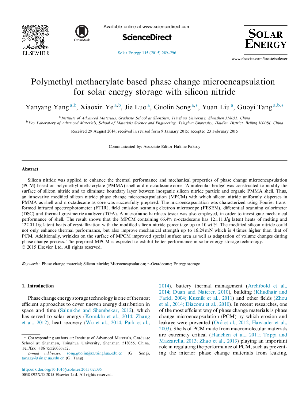 میکروکپسپولاژسیون تغییر فاز روی پلی متیل متاکریلات برای ذخیره انرژی خورشیدی با نیترید سیلیکون 