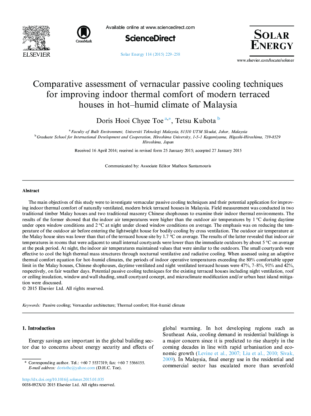 Comparative assessment of vernacular passive cooling techniques for improving indoor thermal comfort of modern terraced houses in hot-humid climate of Malaysia