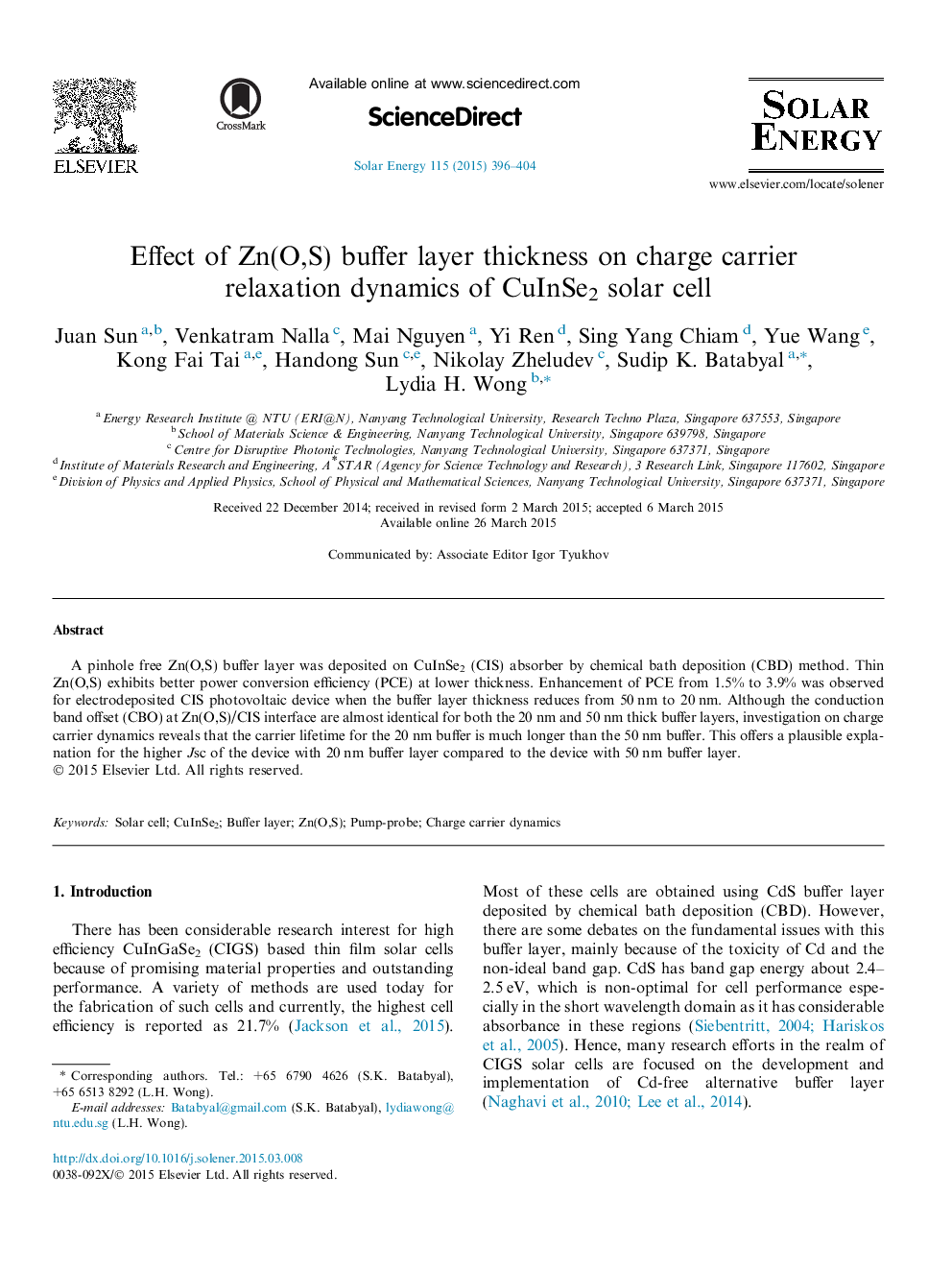 Effect of Zn(O,S) buffer layer thickness on charge carrier relaxation dynamics of CuInSe2 solar cell