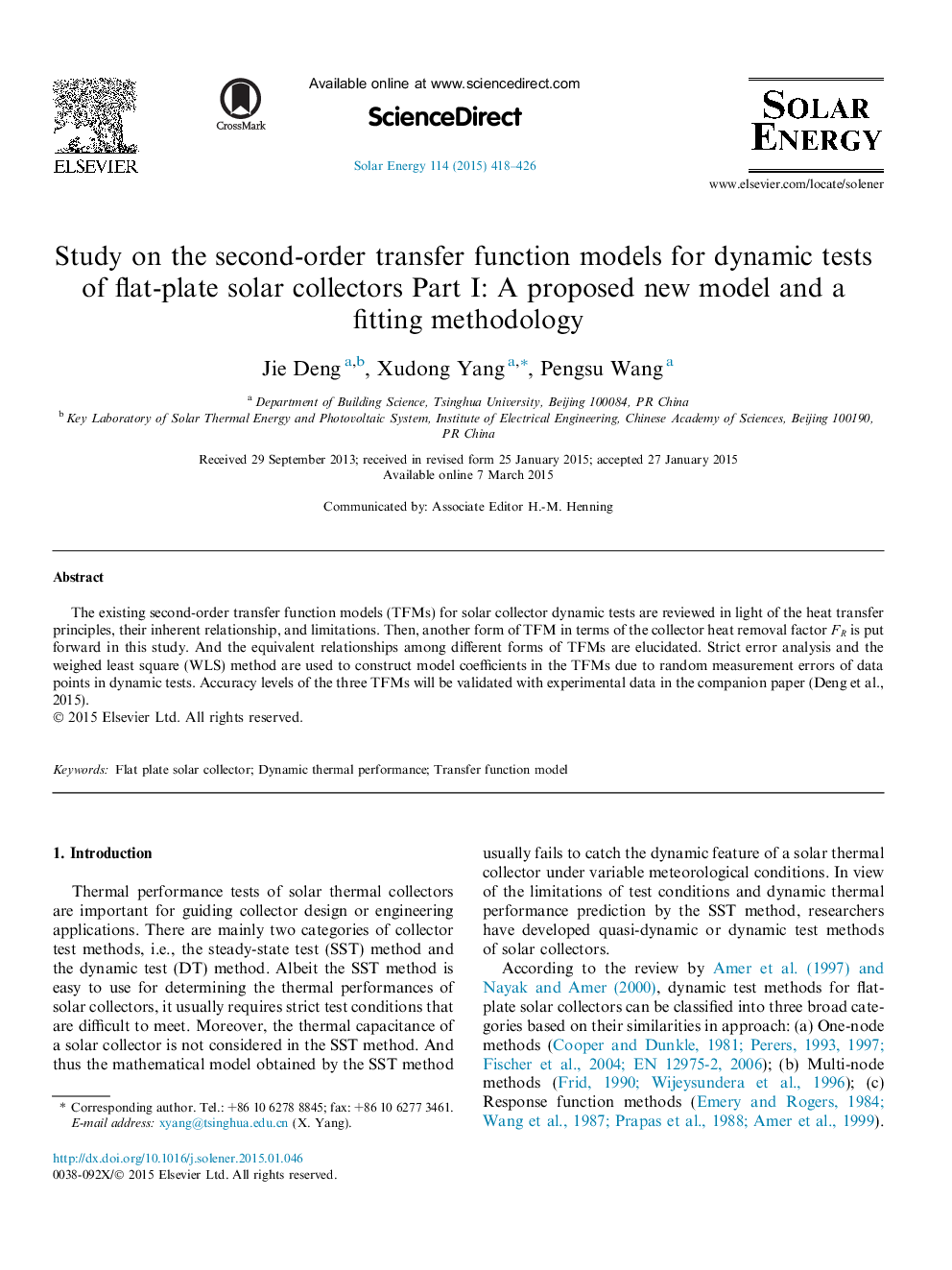 Study on the second-order transfer function models for dynamic tests of flat-plate solar collectors Part I: A proposed new model and a fitting methodology