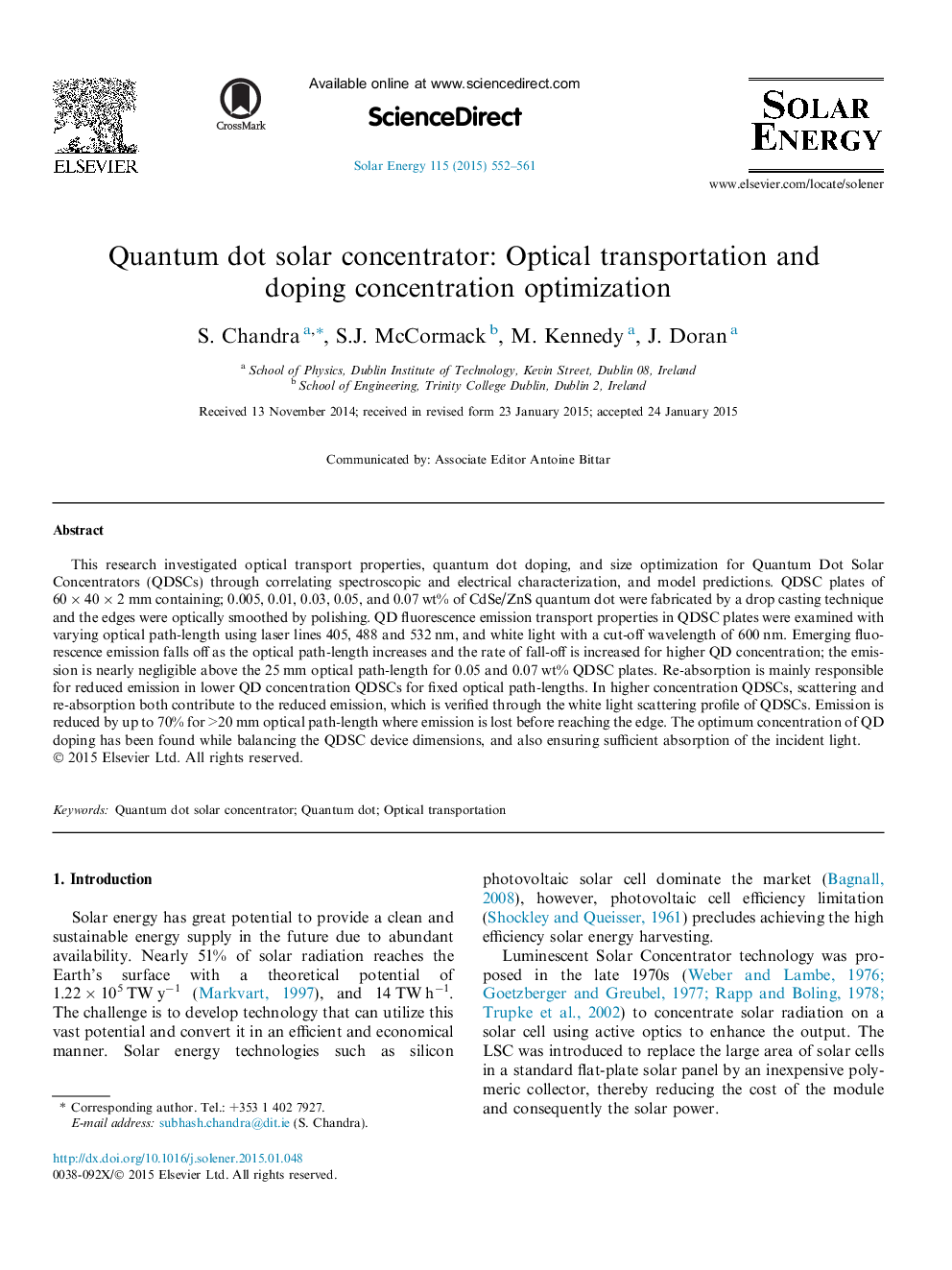 Quantum dot solar concentrator: Optical transportation and doping concentration optimization