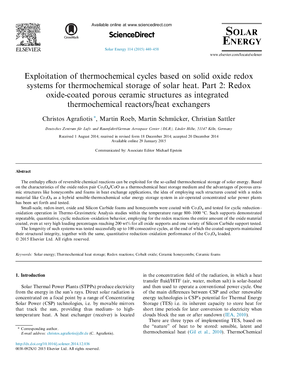 Exploitation of thermochemical cycles based on solid oxide redox systems for thermochemical storage of solar heat. Part 2: Redox oxide-coated porous ceramic structures as integrated thermochemical reactors/heat exchangers