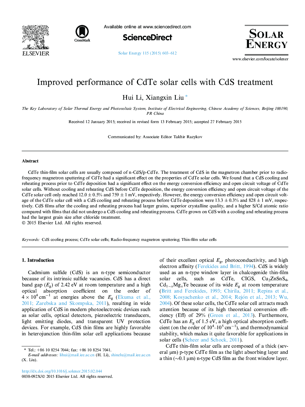 Improved performance of CdTe solar cells with CdS treatment