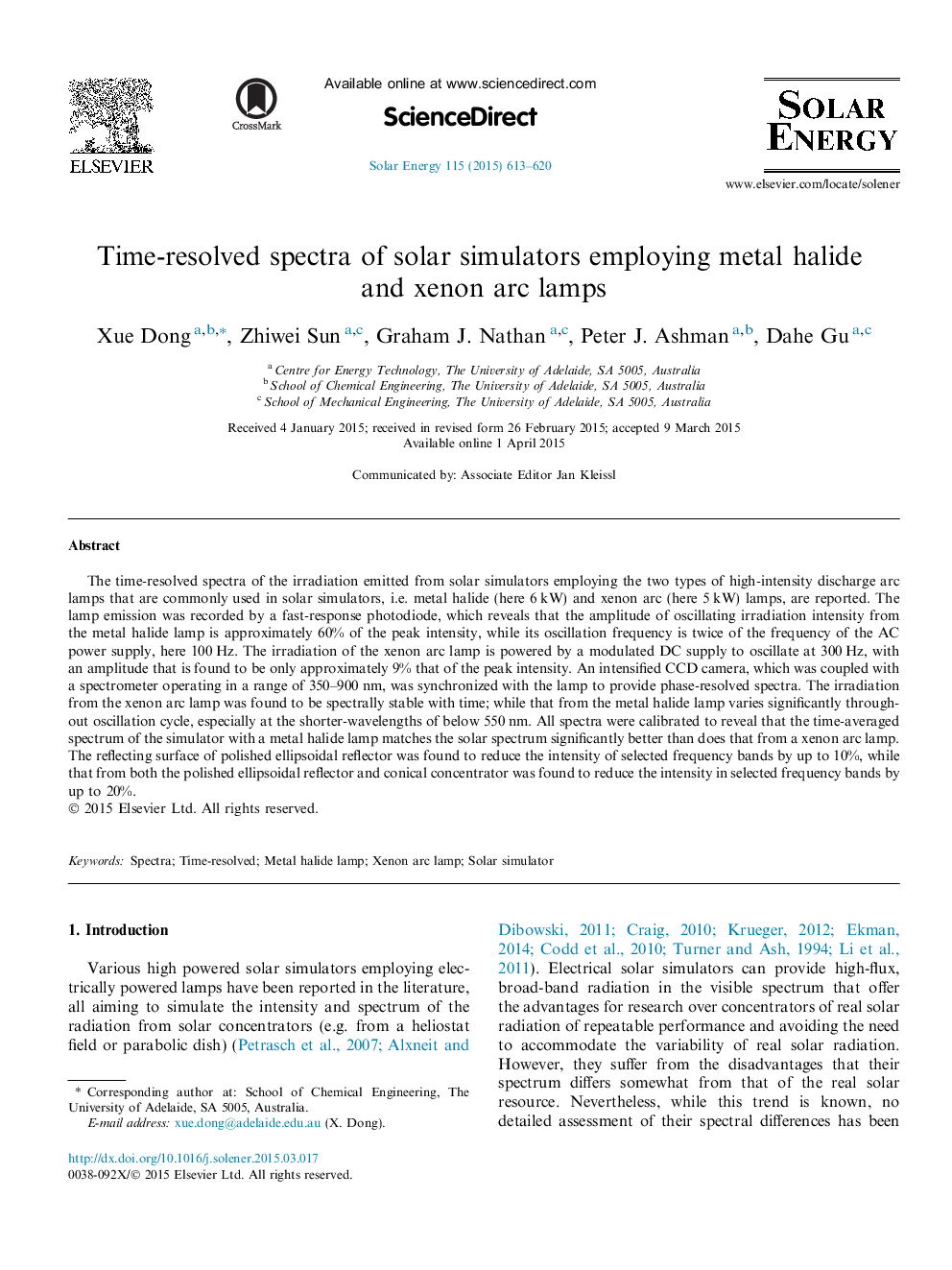 Time-resolved spectra of solar simulators employing metal halide and xenon arc lamps