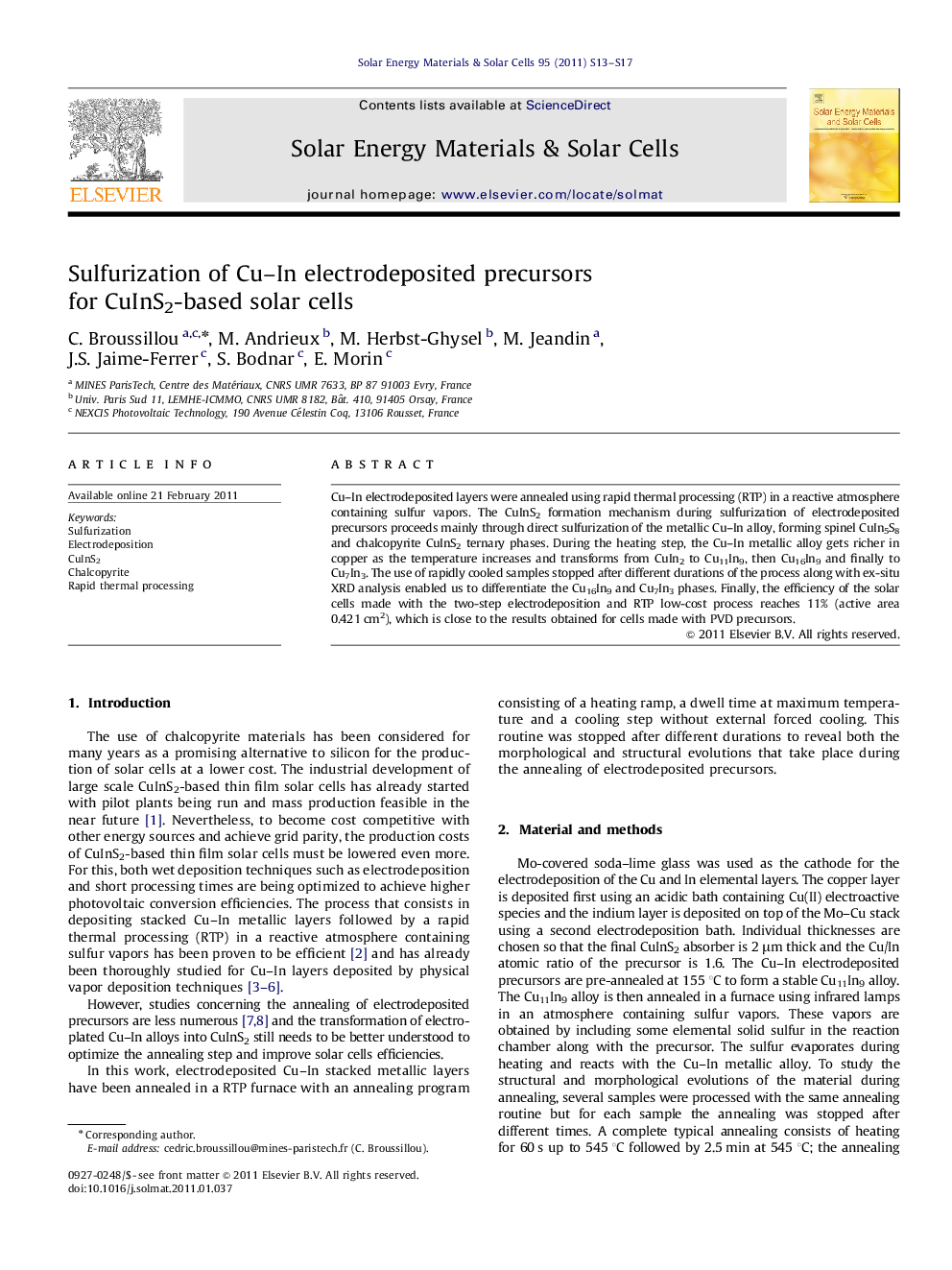 Sulfurization of Cu–In electrodeposited precursors for CuInS2-based solar cells