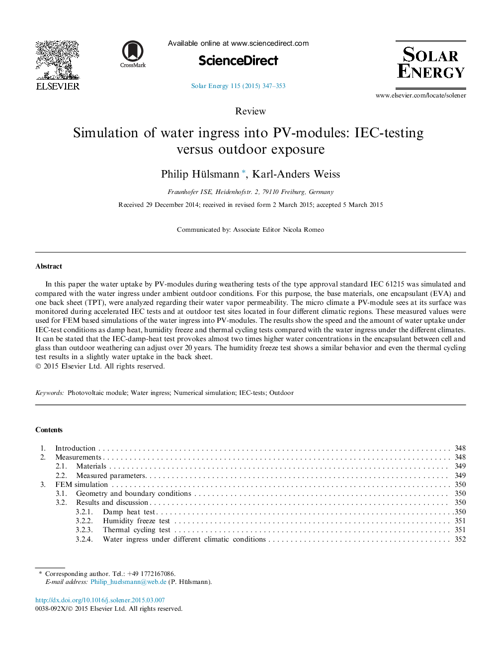 Simulation of water ingress into PV-modules: IEC-testing versus outdoor exposure