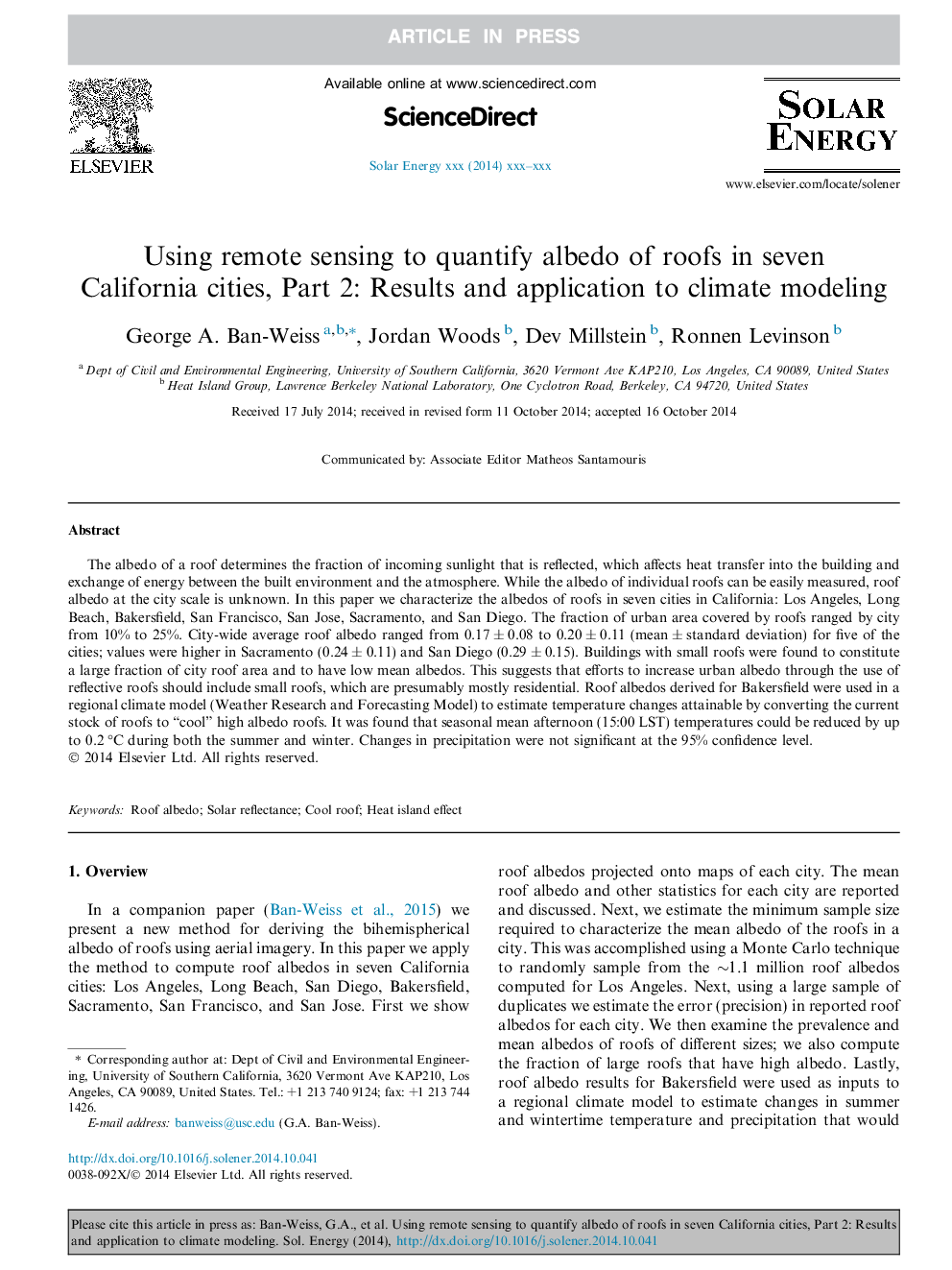 با استفاده از سنجش از دور به منظور اندازه گیری البدو از سقف ها در هفت شهر کالیفرنیا، قسمت 2: نتایج و کاربرد در مدل سازی آب و هوا 