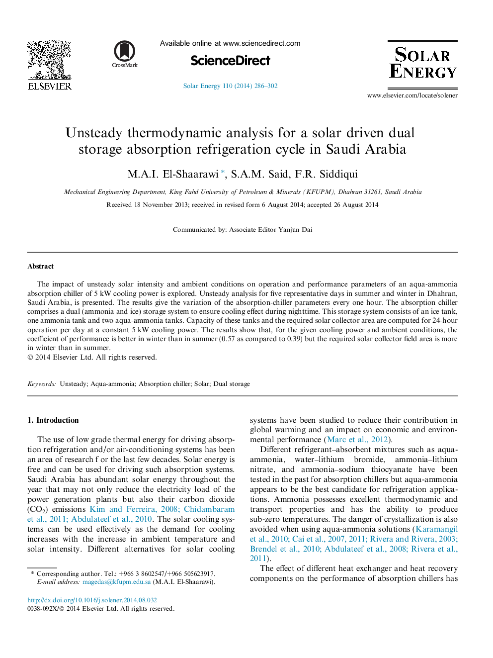 تجزیه و تحلیل ترمودینامیکی بی ثبات برای یک دوره یخ زدایی جذب ذخیره سازی دوگانه خورشیدی در عربستان سعودی 