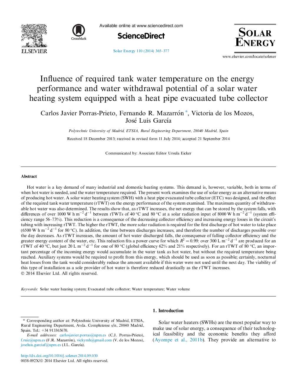 Influence of required tank water temperature on the energy performance and water withdrawal potential of a solar water heating system equipped with a heat pipe evacuated tube collector