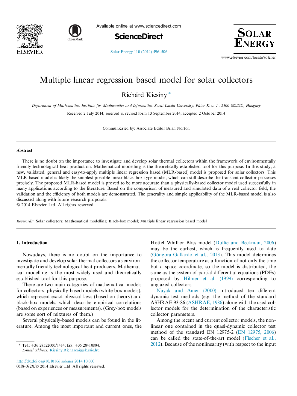 Multiple linear regression based model for solar collectors