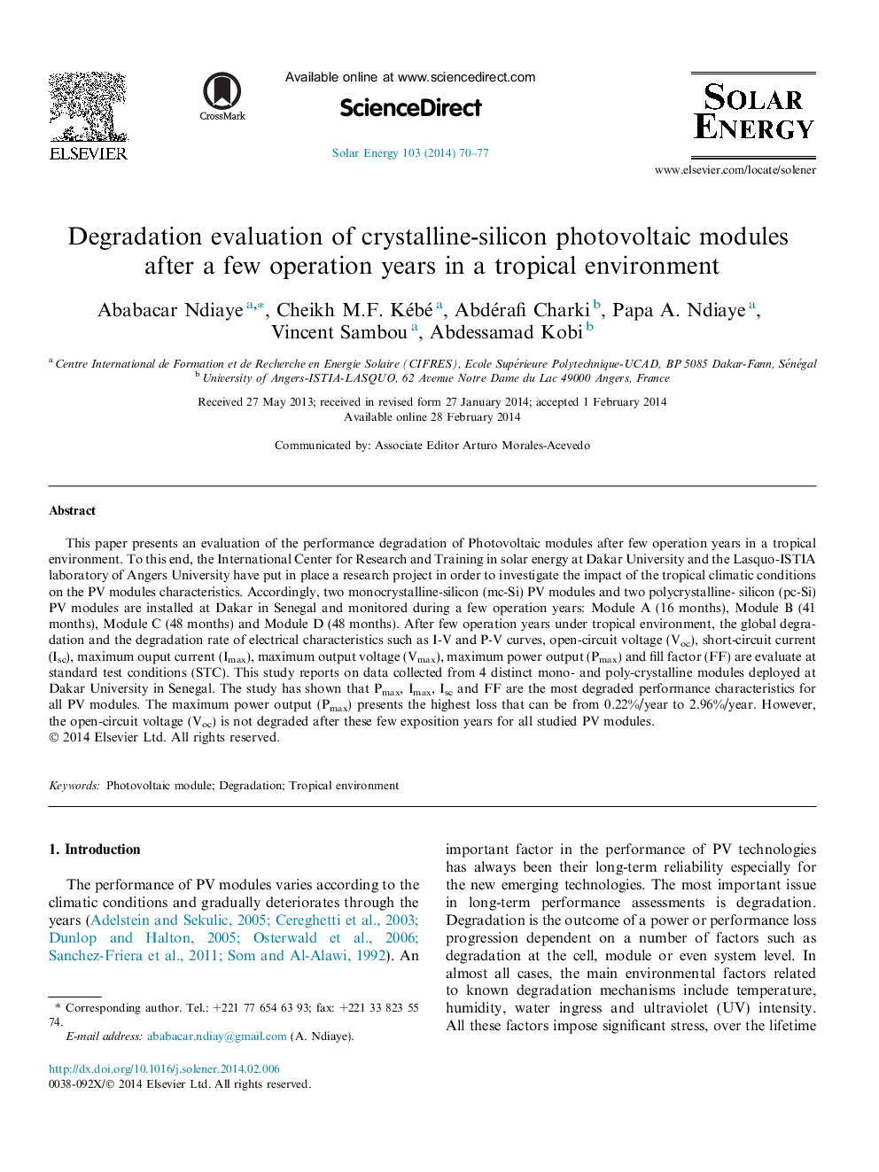 Degradation evaluation of crystalline-silicon photovoltaic modules after a few operation years in a tropical environment