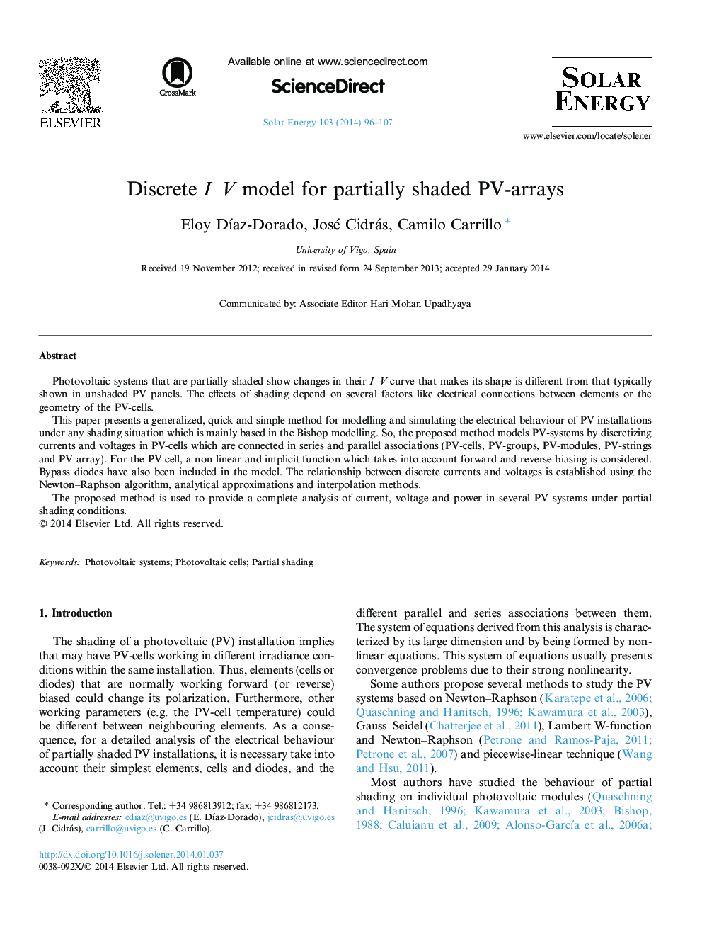 Discrete I-V model for partially shaded PV-arrays