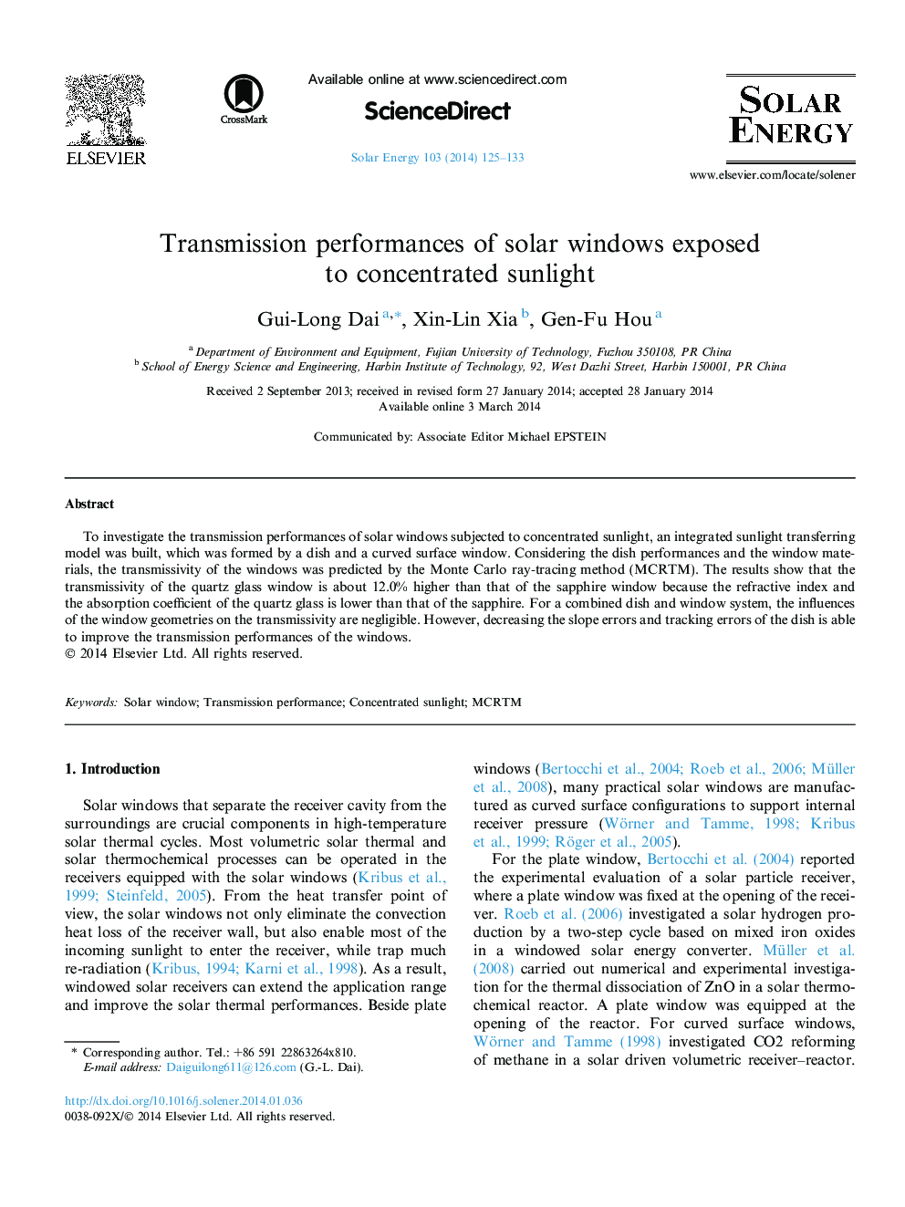 Transmission performances of solar windows exposed to concentrated sunlight