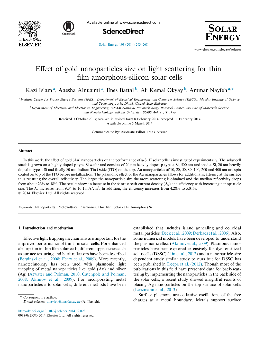 Effect of gold nanoparticles size on light scattering for thin film amorphous-silicon solar cells