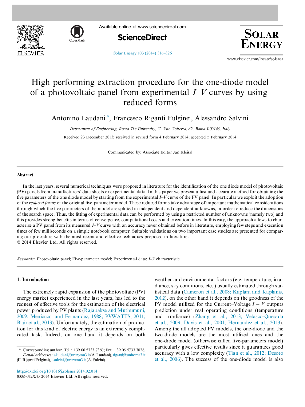 High performing extraction procedure for the one-diode model of a photovoltaic panel from experimental I-V curves by using reduced forms